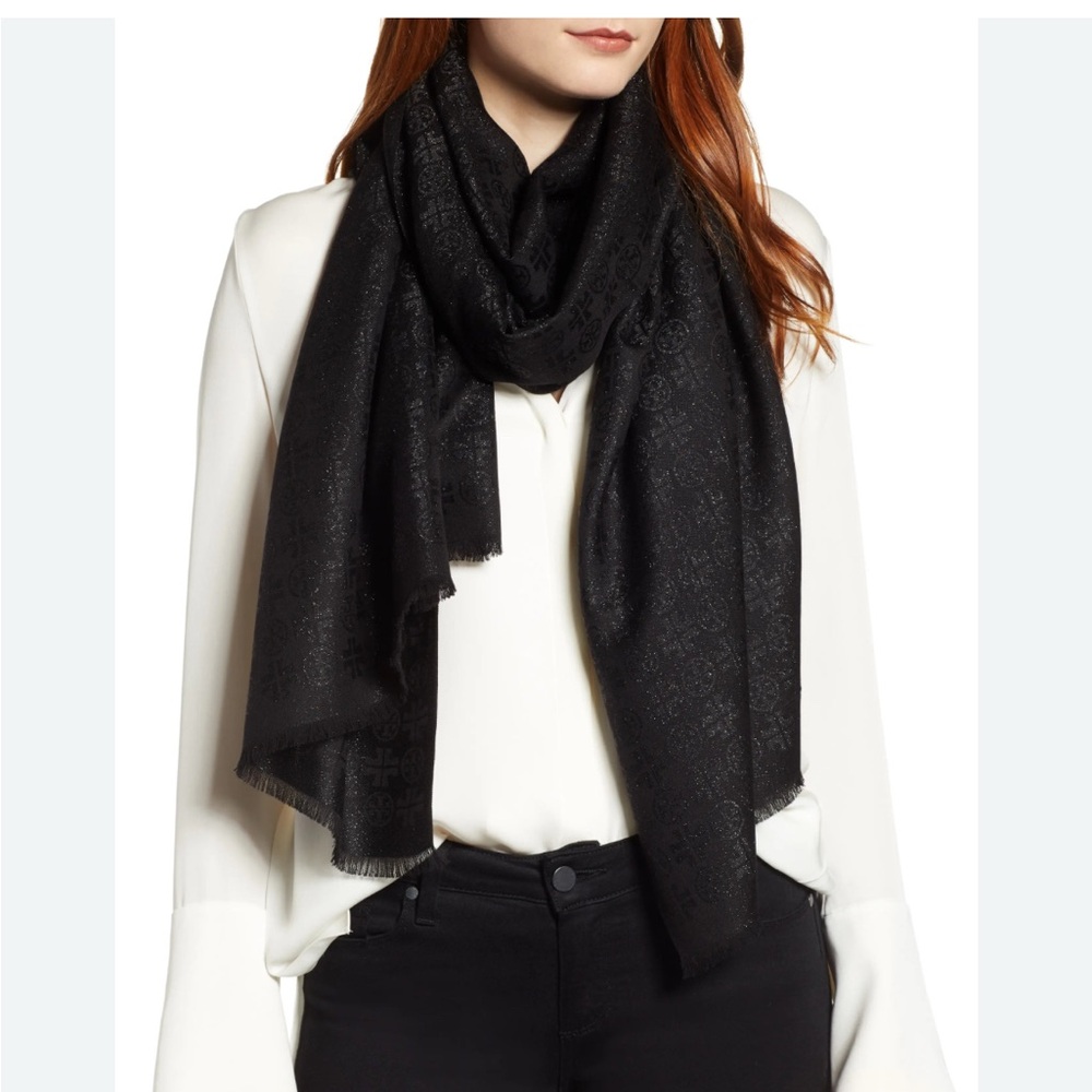 Tory Burch Black and Silver large wrap scarf.